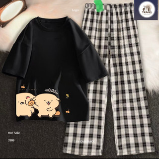 Sét áo phông Cún cưng + quần karo nhiều màu, Áo thun from rộng, mặc cho Nam và nữ chất đẹp, Sét bộ mặc ở nhà -ShopTrang