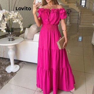 Đầm Lovito màu trơn xếp nếp phong cách Boho cho nữ LNL40041