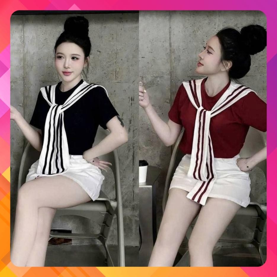 🔥[C425] Áo thun kiểu nữ CỔ PHỐI KHĂN VIỀN LƯNG thủy thủ có logo mềm mịn co giãn 4 chiều - Kholenqc