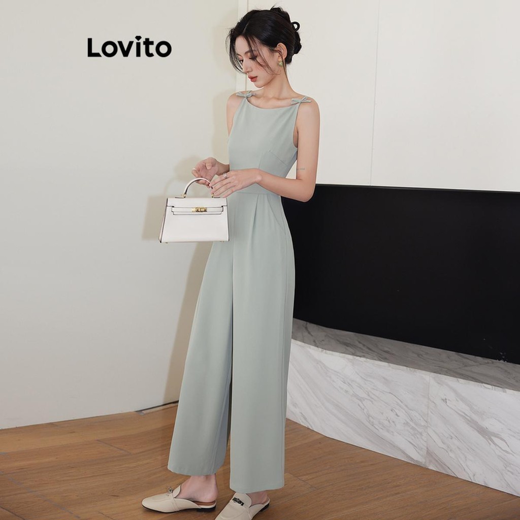  Áo liền quần Lovito kiểu nơ màu trơn phong cách thường ngày cho nữ LNE56411 