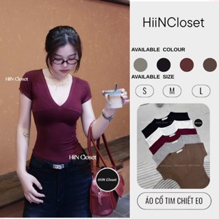 Áo thun nữ cổ tim tay hến ôm body - Áo thun nữ cổ V chất zip co giãn mềm mịn HiiNClothing - 139