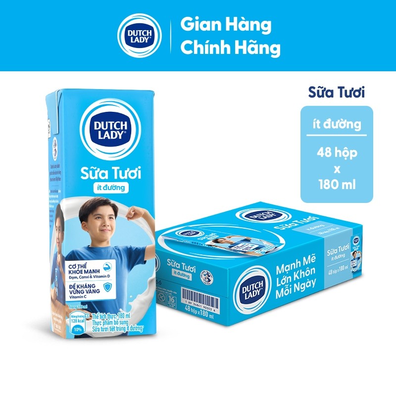 Thùng 48 Hộp Sữa Tươi Tiệt Trùng Dutch Lady Ít Đường 48x180ml
