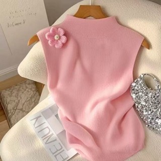 Xếp Ly Hàng Đầu Phong Cách Mới Mùa Hè Áo Vest Không Tay Dệt Kim Hoa Hồng Băng Lụa Nữ Độc Đá Nửa Cổ Rùa