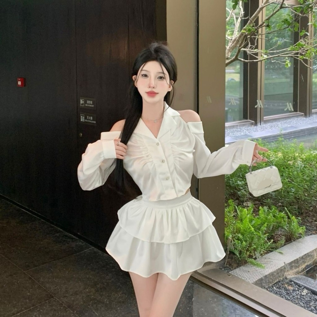 Váy Mùa Thu Thiết Kế Cho Nữ Áo Sơ Mi Lệch Vai Bánh Bèo Tay Dài Váy Hai Chiếc Cho Nữ