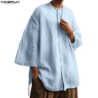 INCERUN Nam Hàn Quốc Giải Trí Đơn Giản Cổ Tròn 3 / 4 Tay Áo Sơ Mi Rời