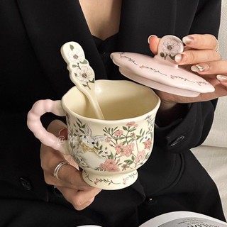 Cốc Gốm Thiết Kế Dễ Thương Hình Hoa Thỏ Dung Tích Lớn Có Nắp Muỗng Thiết Kế Tinh Tế