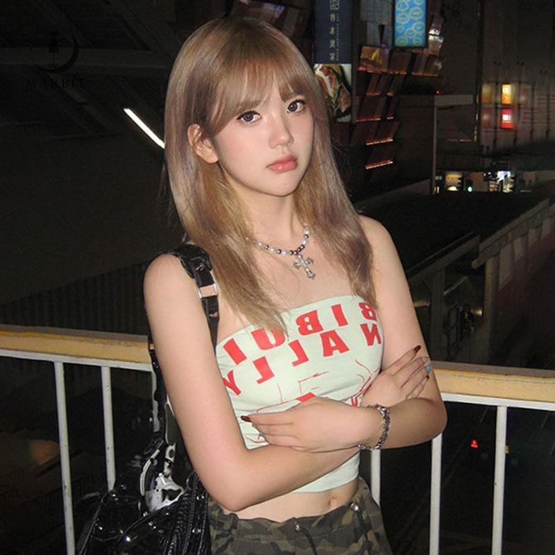 Marbit Mùa Hè In Chữ Ống Top Nữ Gợi Cảm Y2K quây Không Tay Slim Camisole FHS