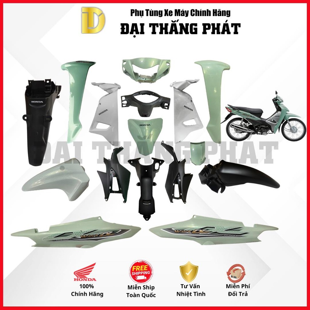 (Có bán lẻ) Dàn áo | Bộ nhựa WAVE Alpha 110cc K89 năm 2017 Màu Xanh ngọc GY-150 chính hãng Honda