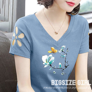 Áo thun nữ trung niên cotton tay ngắn cổ chữ v in hình Bigsize Áo trung niên nữ sang trọng form rộng mùa hè cho mẹ cho bà Thời trang Trung Niên Cao Cấp