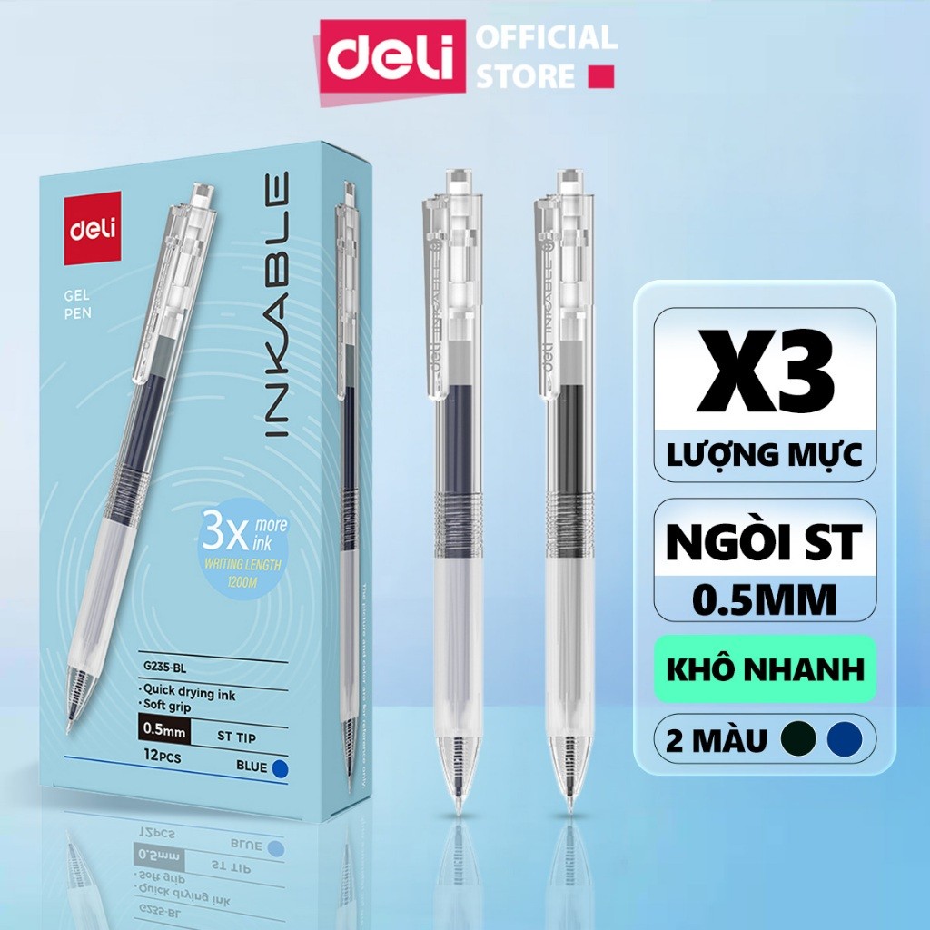 [Tăng X3 Mực] Bút Gel Nhanh Khô Deli Ngòi ST 0.5mm Mực Xanh/Đen Viết Trơn Mượt Có Đệm Tay Cho Học Sinh, Văn Phòng EG235