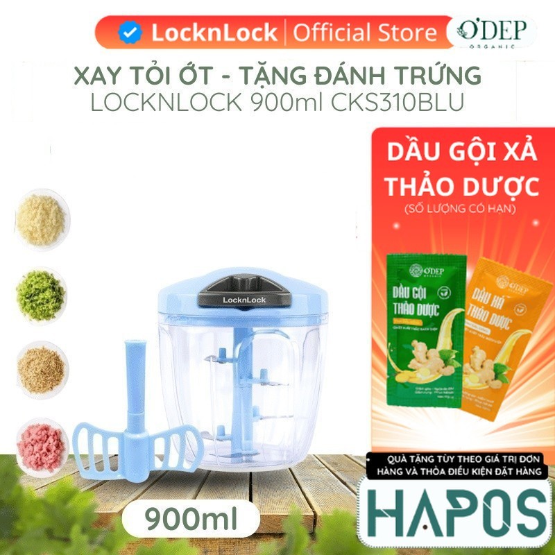 Cối xay tỏi ớt băm rau củ cầm tay LocknLock CKS310BLU 900ml 3 lưỡi dao - Kèm dụng cụ đánh trứng - HA