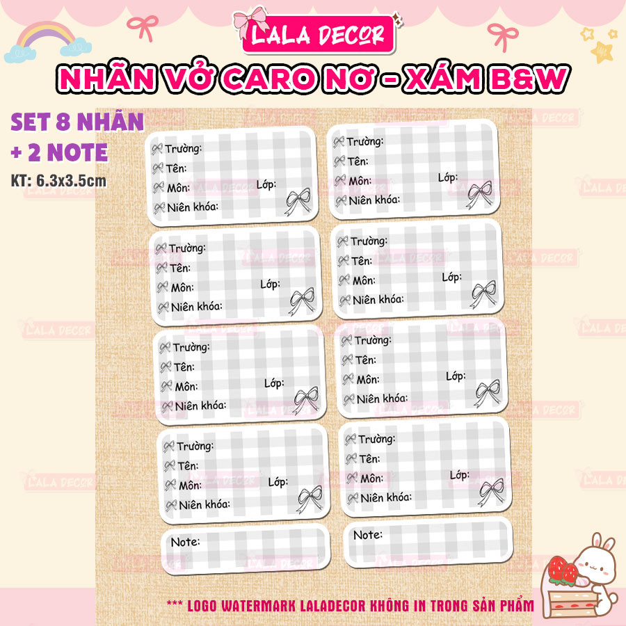 Nhãn Vở Coquette Nơ Xám Black & White, Nhãn Vở Caro Trắng Đen 🎀 Nhãn Tập, Giấy Nhãn Coquette Caro Pa