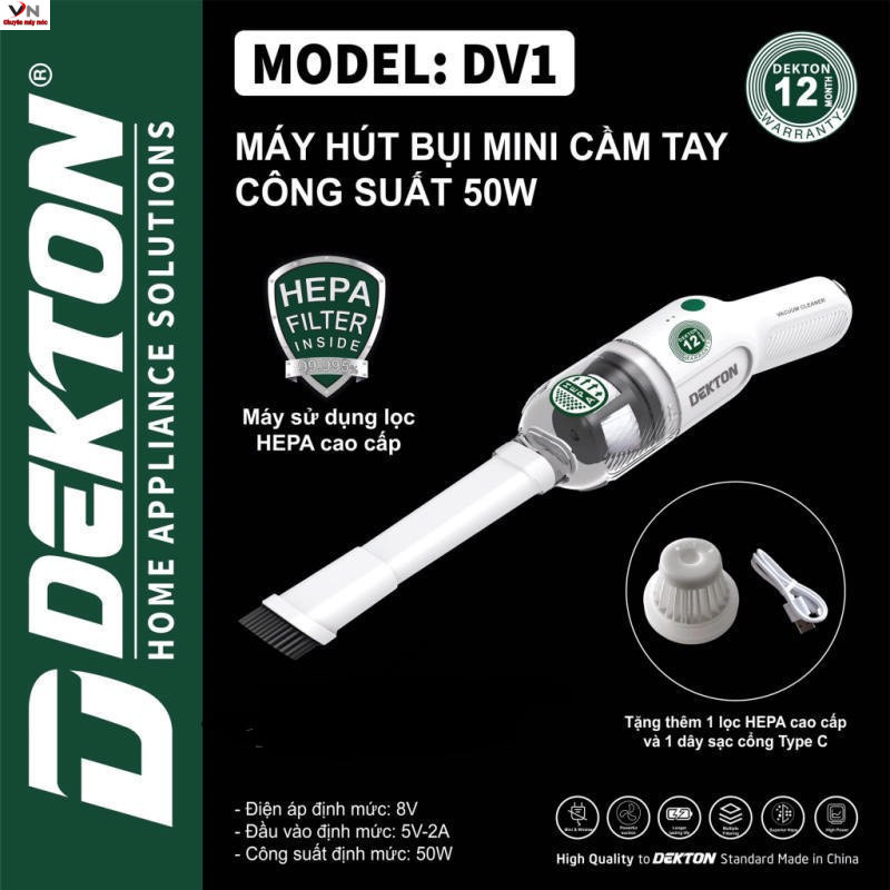 Máy hút bụi pin mini DEKTON DV1, Công suất 50w, Nhỏ gọn, hiện đại, Tặng Kèm 1 Lọc Bụi VN Máy Móc