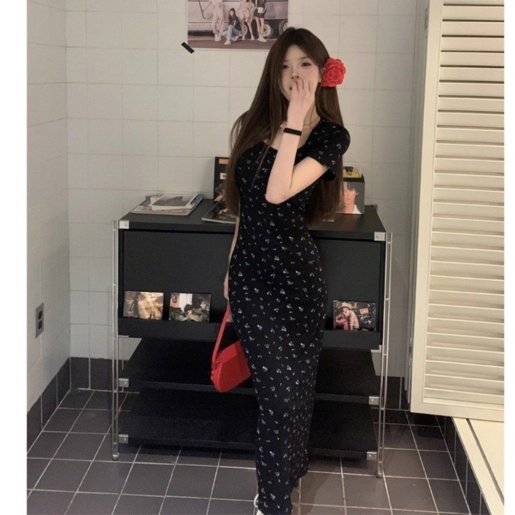 RICH-THEY Váy Đen Mùa Hè Hoa Mỏng Thanh Lịch Thời Trang Váy Ngắn Tay Mới-V201 | BigBuy360 - bigbuy360.vn