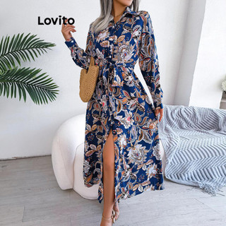 Đầm Lovito buộc dây cài nút họa tiết nhiệt đới phong cách thường ngày cho nữ LNL57378