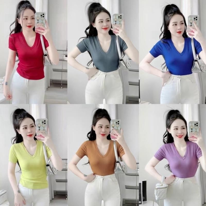 A66 Áo Thun Nữ Trơn Cổ Tim Ngắn Tay Nhiều Màu Sắc Thời Trang A66
