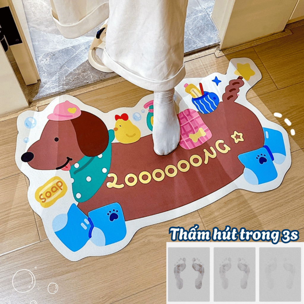 Thảm Thấm Hút, Lau Chân Nhà Tắm Hình Cún Dễ Thương AMOS Chất Liệu Napas Nhanh Khô, Thảm Chùi Chân Ch