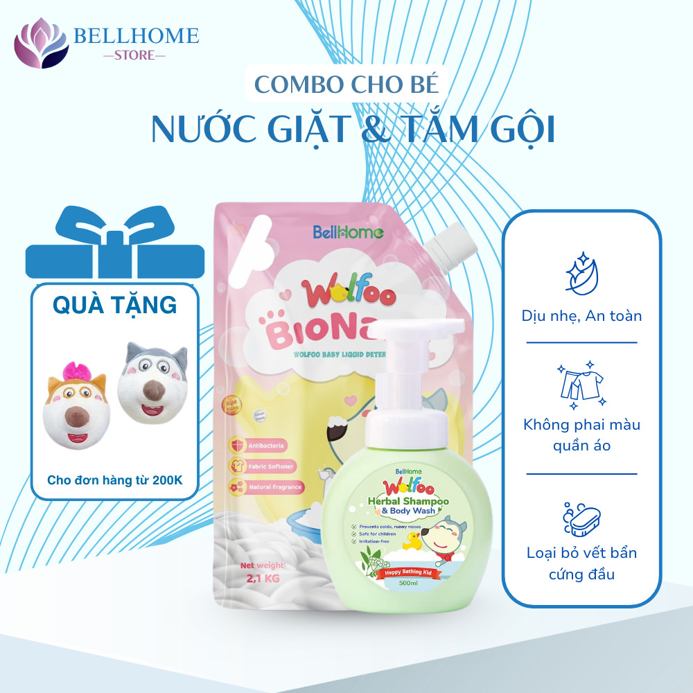 Combo Nước giặt xả Wolfoo trà thảo mộc 2100ml - Tắm gội thảo dược Wolfoo 220ml An toàn cho bé yêu