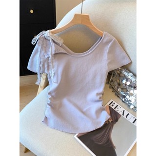 Áo thun tay ngắn ren không tay ôm sát cho phụ nữ mùa hè mới, thắt nơ ôm eo