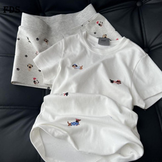 Bộ đồ ngủ in hình chó hoạt hình mới FDS thanh lịch ngọt ngào, tay ngắn, quần short đơn giản, trang phục thư giãn