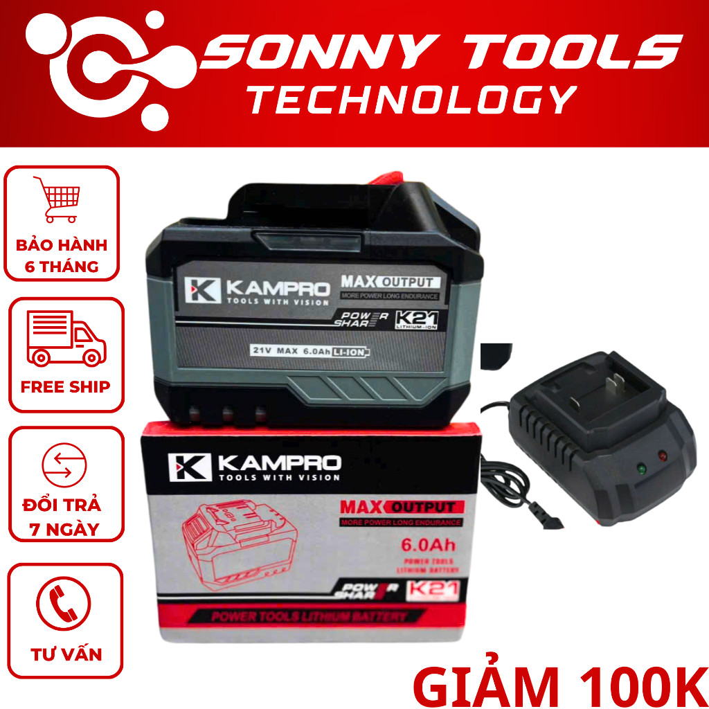 Pin KAMPRO Chính Hãng cho máy khoan máy siết, Pin Có đèn báo pin, Chân pin phổ thông 4cm, Mạch 3 mos