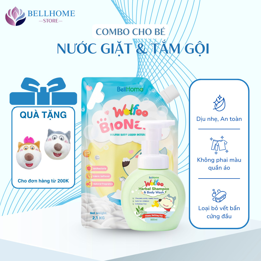 Combo Nước giặt xả Wolfoo trà trắng 2100ml - Tắm gội thảo dược Wolfoo 220ml An toàn cho bé yêu