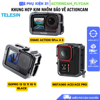 Khung Nhôm Telesin cho Gopro , Osmo Action, Insta360 Ace Pro bảo vệ camera có ngàm gắn mic đèn