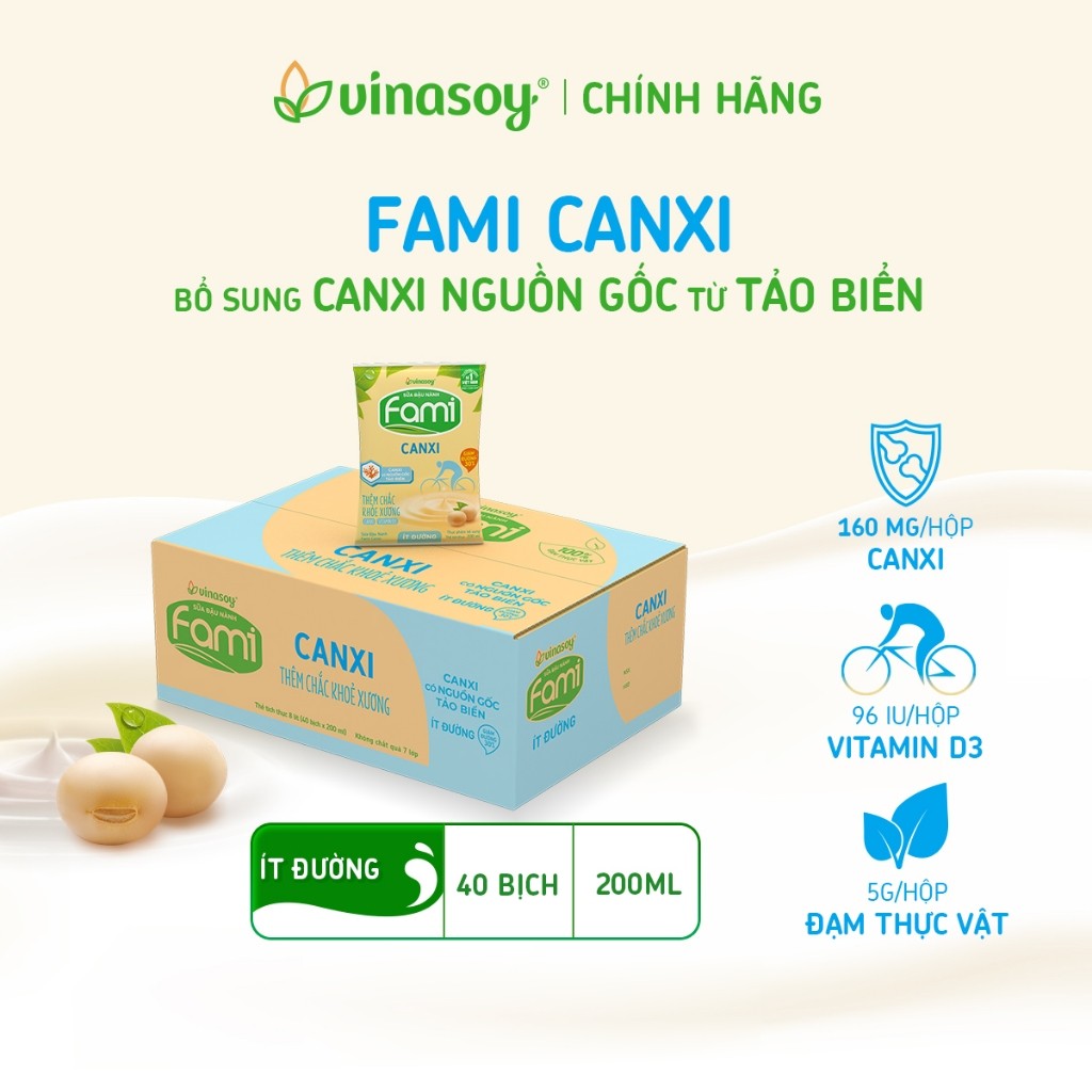 Thùng sữa đậu nành Fami Canxi ít đường (40 bịch x 200ml)