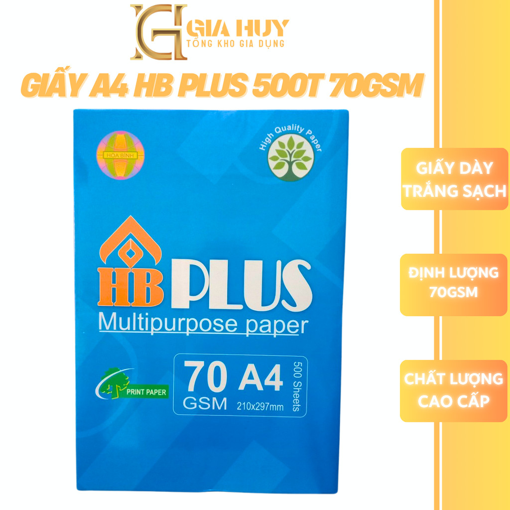 Giấy A4 500 tờ HB PLUS 70 gsm, Giấy in, giấy photo khổ A4 cao cấp, độ dày cao, trắng sáng đều màu