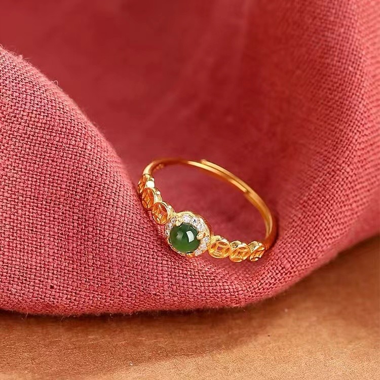 Nhẫn bạc sterling mạ 18K thu hút sự giàu có cho phụ nữ, đồng xu thời trang phong cách Trung Quốc, nhẫn kim cương xanh tinh xảo cao cấp