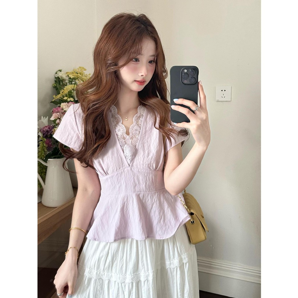Áo Sơ Mi Ngắn Tay Cổ V Phối Ren Phong Cách Hàn Quốc Thanh Lịch Mới Mùa Hè Cho Nữ Thời Thượng | BigBuy360 - bigbuy360.vn