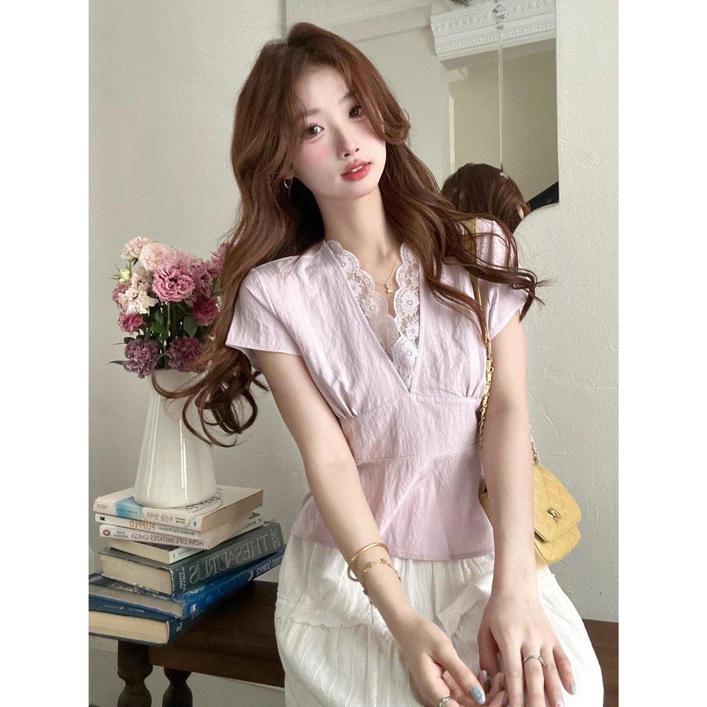 Áo Sơ Mi Ngắn Tay Cổ V Phối Ren Phong Cách Hàn Quốc Thanh Lịch Mới Mùa Hè Cho Nữ Thời Thượng | BigBuy360 - bigbuy360.vn
