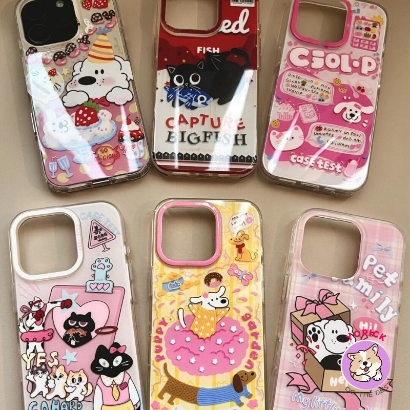 Ốp điện thoại hình mèo và chó minh họa cho iPhone 16 16Pro 16Plus 16Pro Max 11 12 13 14Plus 15Pro XR XS Max 7 8Plus hoạt hình Vỏ điện thoại giữ dây chuyền cô gái BB