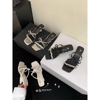 ( SALE - HÀNG SẴN) Dép cao gót mũi vuông đính đá quai ngang mẫu mới mùa hè 2025 mã 89-8