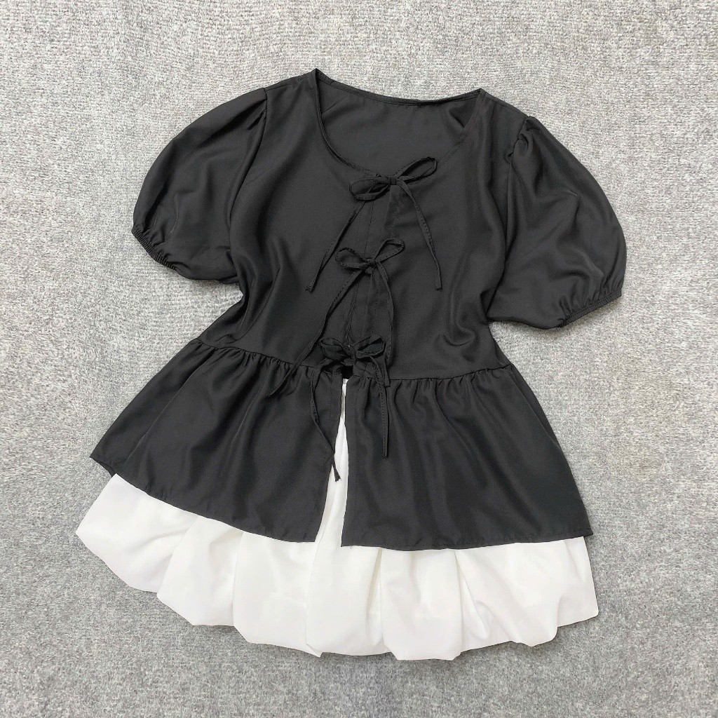 Set Áo Váy Bigsize Nữ Áo Babydoll Tay Phồng Kèm Váy Váy Bí Dễ Thương CHo Chubby - SET( A191-CV413)
