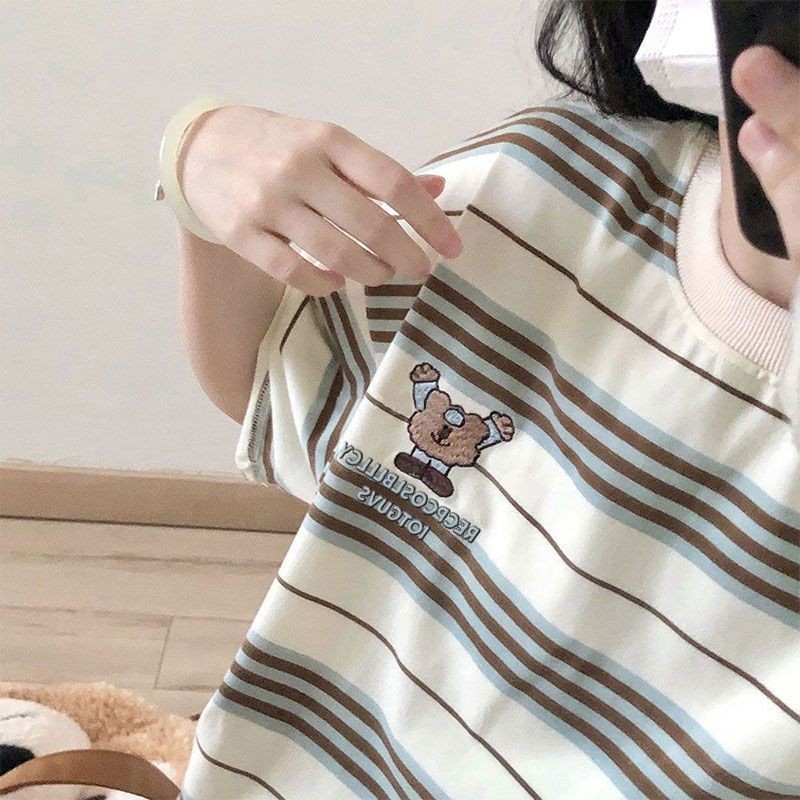 Phong Cách Lười Sinh Viên Rời Quá Khổ Sọc In Áo Thun Nữ Tay Ngắn hiphop Top Phong Cách Lười Sinh Viê