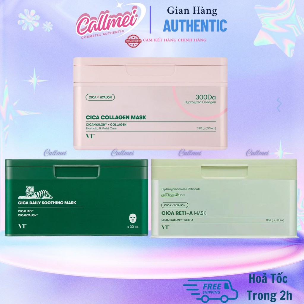 Hộp 30 Mask Mặt Nạ Dưỡng Da, Chống Lão Hoá, Sáng Da VT Cosmestic Cica Daily Soothing Mask Hàn Quốc