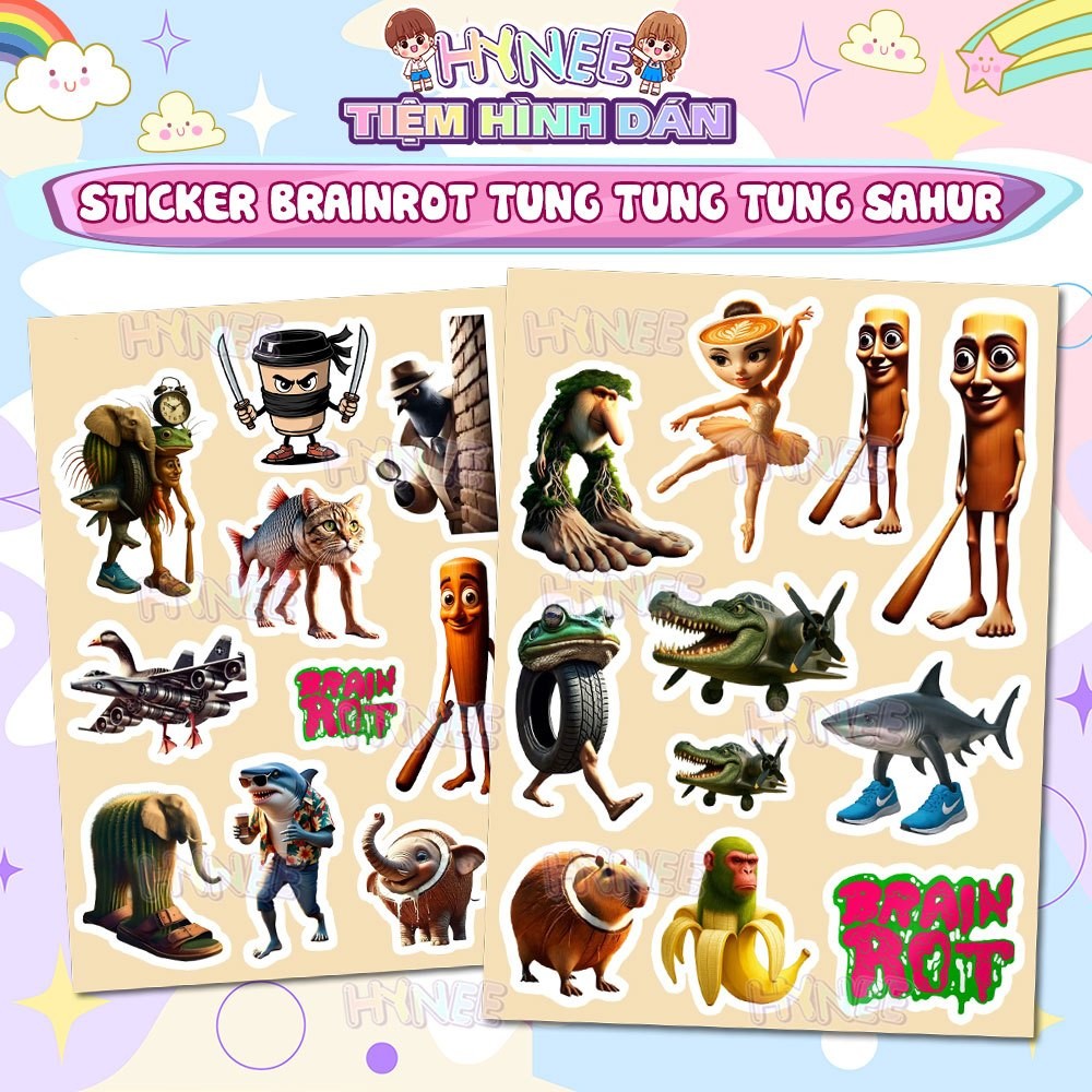 Sticker Tung Tung Sahur Meme - Sticker Meme Brainrot Dán Mũ Bảo Hiểm, Dán Vali, Bình Nước, Laptop