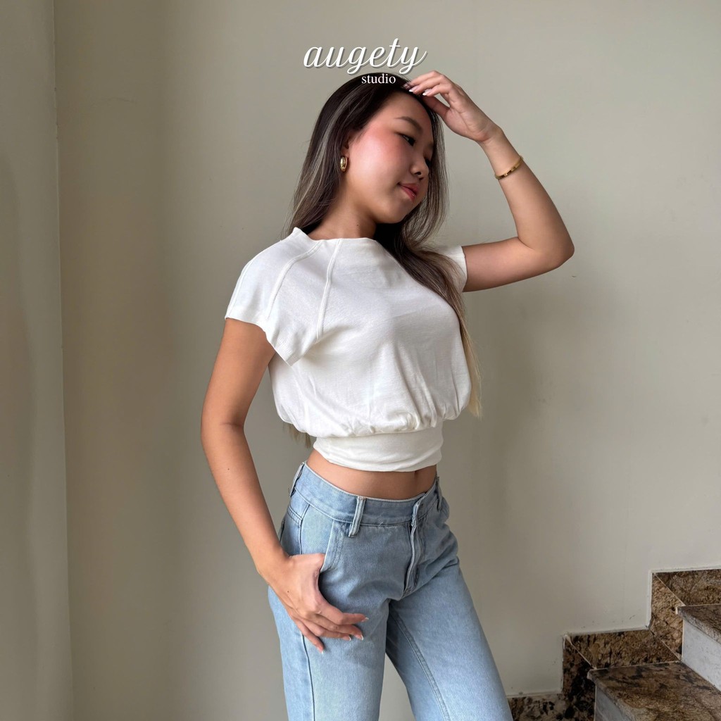 Áo Thun Nữ Tay Ngắn Dáng Phồng Nhún Eo Cổ Tròn Augety Studio AMI Top | BigBuy360 - bigbuy360.vn
