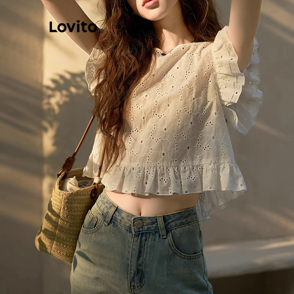 (Trendy) Lovito Áo Tank Top Plain Eyewear Thêu Ruffle Tank Top dành cho nữ LNE20172 (Trắng) | BigBuy360 - bigbuy360.vn