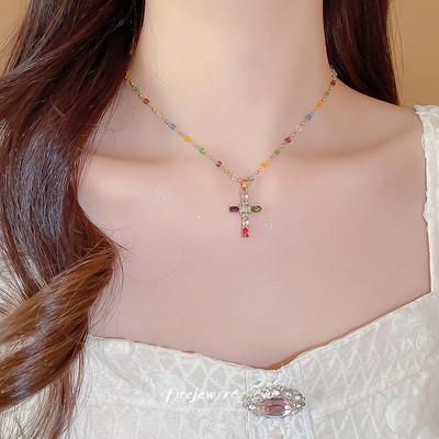 DREJEW Vòng cổ mặt thánh giá đính kim cương nhiều màu Phong cách cổ điển dây chuyền xương đòn đa năng