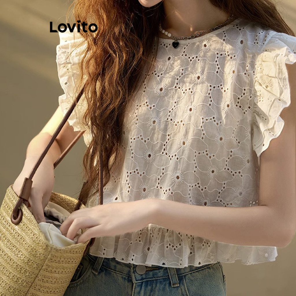 (Trendy) Lovito Áo Tank Top Plain Eyewear Thêu Ruffle Tank Top dành cho nữ LNE20172 (Trắng) | BigBuy360 - bigbuy360.vn