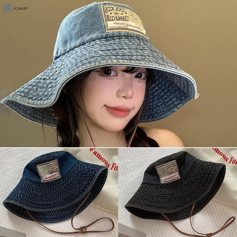 [JCAAAP] Retro Washed Denim Fishing Mũ che nắng vành lớn dành cho nữ Giảm béo Mặt chống tia cực tím 