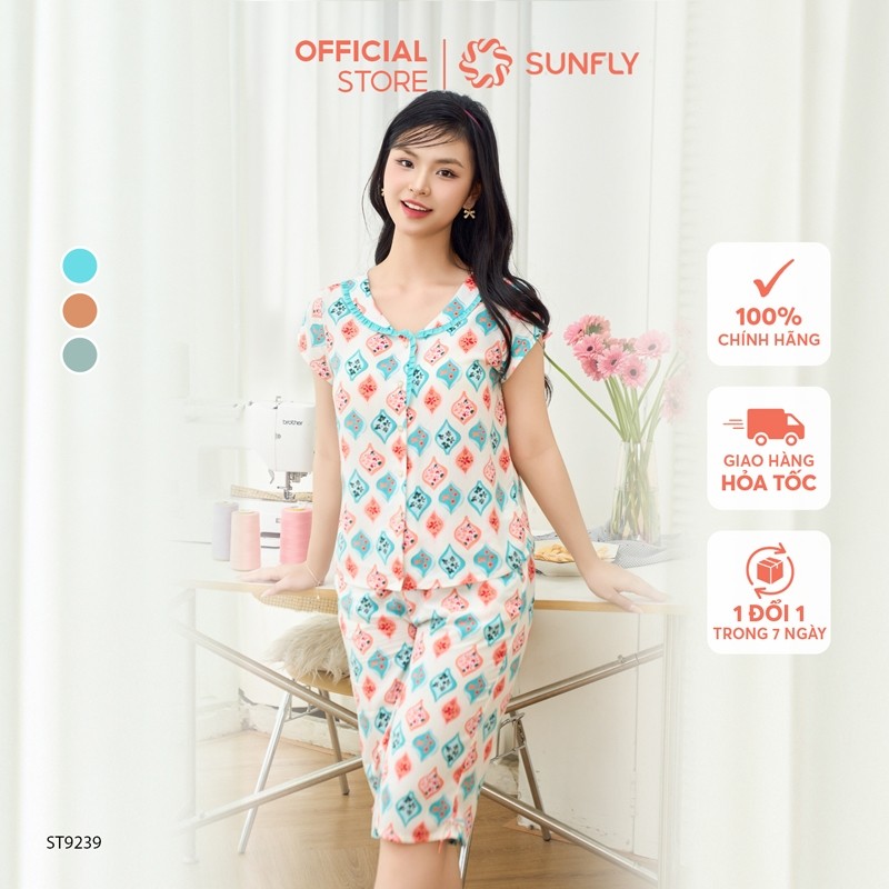 Bộ pijamas nữ lanh họa tiết SUNFLY áo cộc quần ngố ST9239