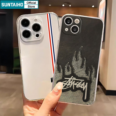 Ốp Điện Thoại Suntaiho Thương Hiệu Hợp Thời Trang Stüssy Ngọn Lửa Sọc Họa Tiết TPU Trong Suốt Mềm Mại Cao Cấp Chống Sốc Cho iPhone 11 12 13 14 15 16 Pro max IP 7 8 Plus Iphon X Xs XR Xs max