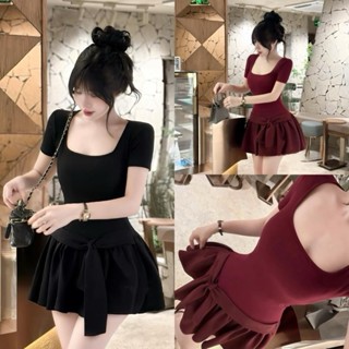 Váy Tăm lạnh cổ U vuông cộc tay dáng ngắn xoè, Đầm cổ vuông kèm quần bảo hộ phối tùng cotton dáng xoè xinh xắn