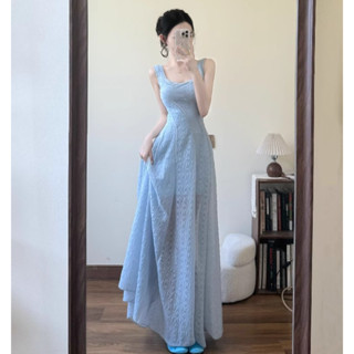 Tính Khí Pháp Cổ Vuông Màu Xanh Đầm Nữ Mùa Hè Nhẹ Nhàng Ôm Phù Hợp Với Chữ A Giữa Chiều Dài Váy