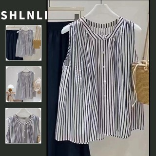 Áo thun nữ cổ tròn cỡ lớn không tay sọc dáng rộng thường ngày cho mùa hè