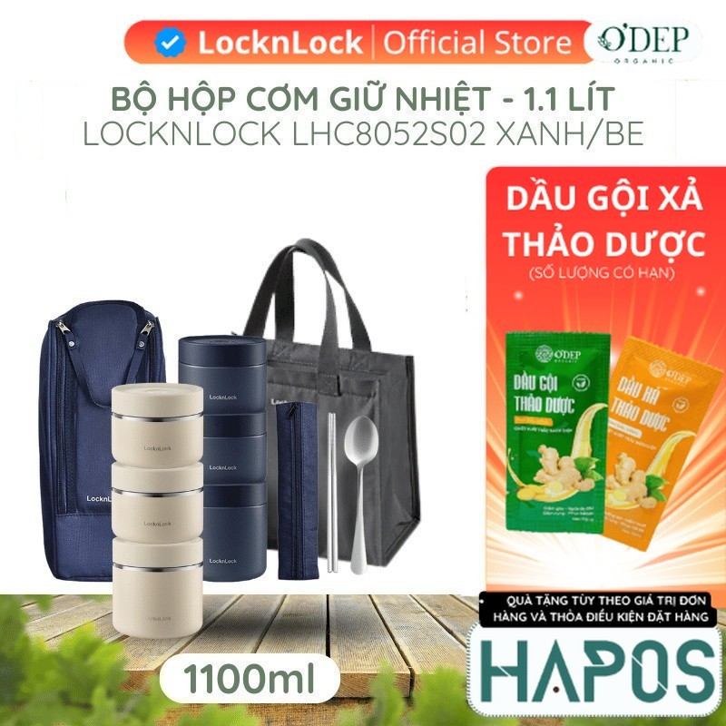 Bộ hộp cơm giữ nhiệt LocknLock 1.1L Chính hãng 3 ngăn, Kèm túi đựng muỗng đũa, giữ nhiệt lâu - HAPOS