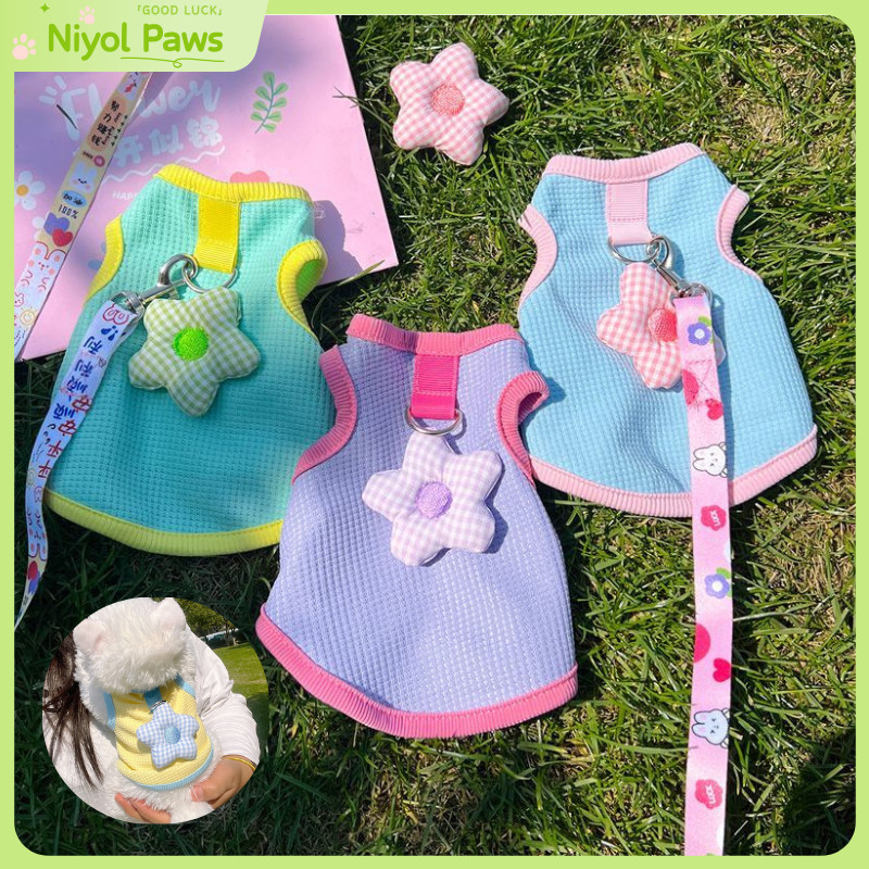 Quần Áo Thú Cưng Mùa Hè Có Dây Xích Hoa Thiết Kế 3D Dopamine Màu Sắc Cho Mèo Chó Thỏ Thú Cưng Nhỏ